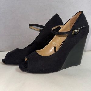 Black Platform Mary Janes EUC Suede Wedge Heels Peep Toe Express Size 7